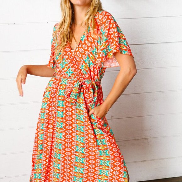 New Orange Boho Print Surplice Sash Belt Midi Dress - 3X - Picture 7 of 8